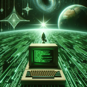 Illustration: A vintage computer terminal with green glowing text, representing the early days of cyberspace. A silhouette is seen in the background, navigating through lines of code that resemble a vast ocean. On the horizon, a guiding star shines bright