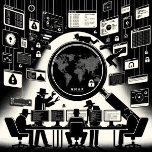Illustration of a noir-inspired hacker's lair. Shadowy figures sit behind desks, fingers dancing on keyboards, with screens command line interfaces, network maps, and encrypted codes. A central magnifying glass zeroes in on vulnerable points, denoting Nmap's prowess.