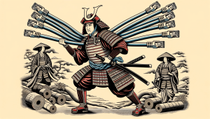 Illustration in the style of an old Japanese woodprint with samurai carrying ethernet cables and scrolls, representing the transfer of data in a network.