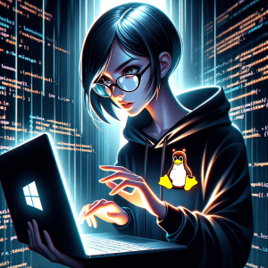 Illustration of a young female hacker with short hair and wearing glasses. She confidently turns her back on a computer screen displaying the 'Windows' logo. In her hands, she holds a laptop with the 'Linux' logo glowing brightly. The scene is set in a dimly lit room with lines of code projected on the walls.