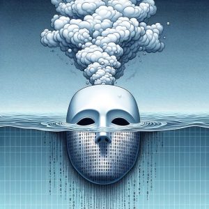 Illustration: The fsociety mask, half submerged in digital water. As it floats, the water ripples with binary code. the top of the mask exhales a smoky '1s and 0s' cloud.