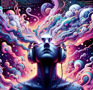 Illustration: young man in a trance-like state, headphones on, surrounded by swirling digital smoke. The colors are psychedelic, and amidst the smoke, you can faintly see code and music notes intertwining